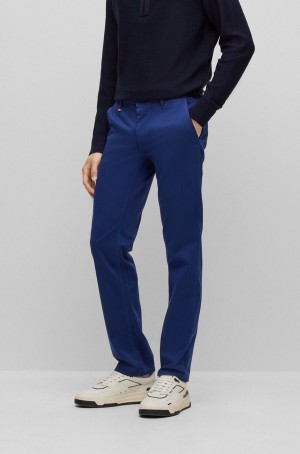 Pantalones Hugo Boss Slim-fit In Stretch-cotton Satin Hombre Azules Oscuro | 16059-TNML