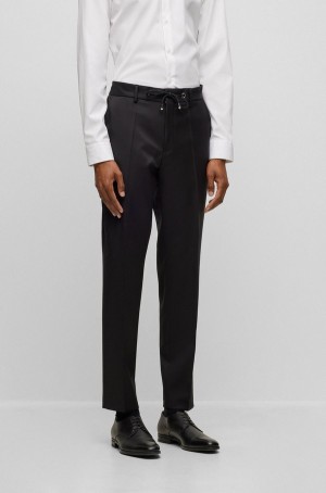 Pantalones Hugo Boss Slim-fit In Virgin Lana With Drawstring Cintura Hombre Negros | 13207-ODVB