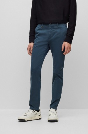 Pantalones Hugo Boss Tapered-fit Chinos In Overdyed Stretch-cotton Satin Hombre Azules Oscuro | 94231-IRHY
