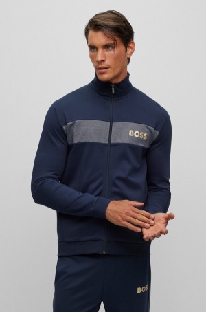 Ropa De Casa Hugo Boss Algodon-blend Zip-up With Embroidered Logo Hombre Azules Oscuro | 03849-NGPY