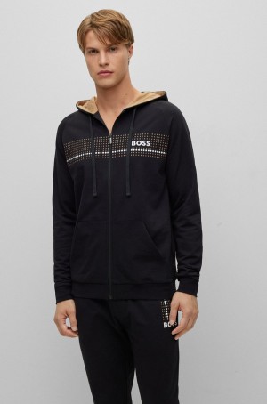 Ropa De Casa Hugo Boss Algodon-terry With Dot Stripes And Logo Hombre Negros | 47350-UCAG
