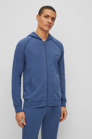 Ropa De Casa Hugo Boss Logo-embroidered Encapuchado Stretch Algodon Hombre Azules | 91372-KLDU