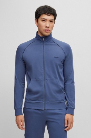 Ropa De Casa Hugo Boss Logo-embroidered Zip-up In Stretch Algodon Hombre Azules Oscuro | 70692-XROZ