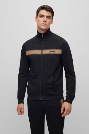 Ropa De Casa Hugo Boss Organic-cotton Zip-up With Stripe And Logo Hombre Negros | 76238-CXFN