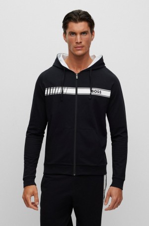Ropa De Casa Hugo Boss Organic-cotton Zip-up With Stripe And Logo Hombre Negros | 69053-LQEA