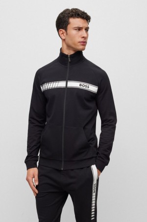 Ropa De Casa Hugo Boss Organic-cotton Zip-up With Stripe And Logo Hombre Negros | 07625-AERI