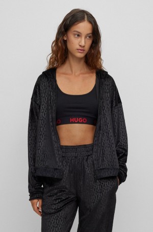 Ropa De Casa Hugo Boss Relaxed-fit Zip-up In Logo-print Velour Mujer Negros | 32801-KRTA