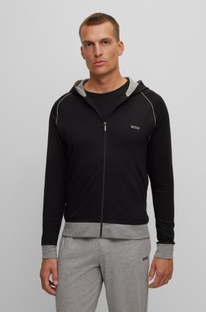 Ropa De Casa Hugo Boss Stretch-cotton Encapuchado With Piping And Logo Hombre Negros | 09631-DMSJ