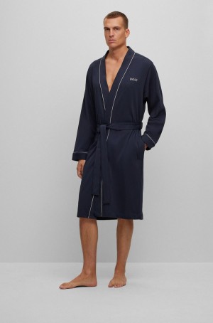 Ropa De Dormir Hugo Boss Algodon-jerseying Gown With Logo And Piping Hombre Azules Oscuro | 56130-KZOS