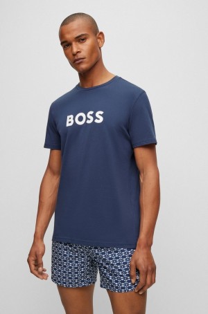 Ropa De Playa Hugo Boss Algodon With Contrast Logo Hombre Azules Oscuro | 84579-ZOFX