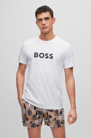 Ropa De Playa Hugo Boss Algodon With Contrast Logo Hombre Blancos | 21536-QNDJ
