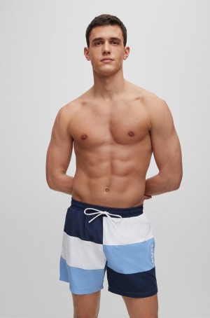 Ropa De Playa Hugo Boss Colour-blocked Swim In Quick-drying Recycled Material Hombre Azules Oscuro | 45673-YIEC
