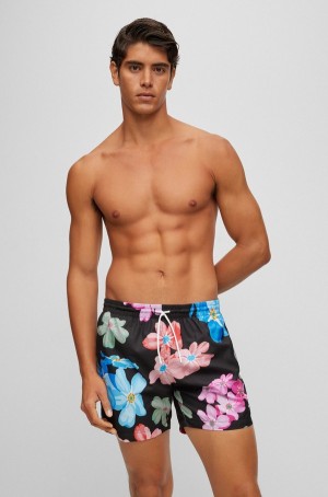 Ropa De Playa Hugo Boss Floral-print Swim With Logo Detail Hombre Negros | 24619-XPTN