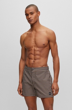 Ropa De Playa Hugo Boss Quick-drying Swim With Hounstooth Pattern Hombre Beige | 04791-XEIF