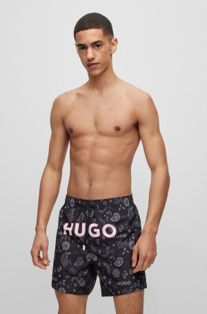 Ropa De Playa Hugo Boss Recycled-material Swim With Logo And Paisley Print Hombre Negros | 67431-KMWU