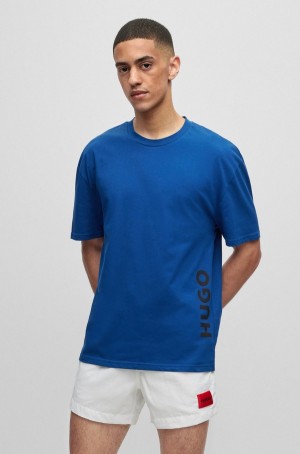 Ropa De Playa Hugo Boss Relaxed-fit In Algodon With Vertical Logo Print Hombre Azules Oscuro | 74302-HVRK