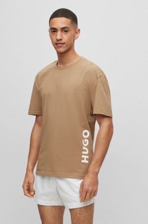 Ropa De Playa Hugo Boss Relaxed-fit In Algodon With Vertical Logo Print Hombre Marrom Claro | 49652-HGNO