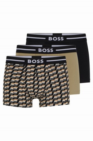 Ropa Interior Hugo Boss Three Pack Of Stretch-cotton Trunks With Logo Waistbands Hombre Negros Blancos Beige | 64810-HNVD