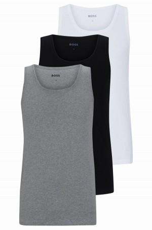 Ropa Interior Hugo Boss Three-pack Of Algodon Vests With Embroidered Logos Hombre Blancos Grises Negros | 10329-TZGS
