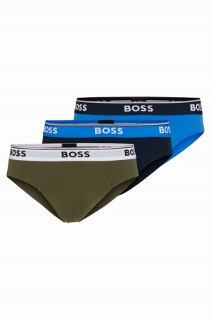 Ropa Interior Hugo Boss Three-pack Of Logo-waistband Briefs In Stretch Algodon Hombre Verdes Oscuro Azules | 65490-UORL