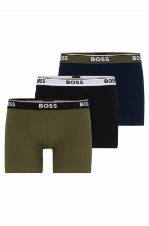 Ropa Interior Hugo Boss Three-pack Of Stretch-cotton With Logos Hombre Negros Verdes Oscuro Azules Oscuro | 53269-WZQB