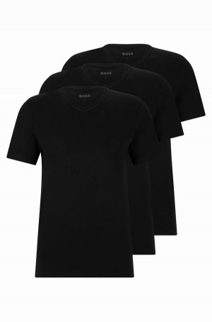 Ropa Interior Hugo Boss Three-pack Of V-neck In Algodon Hombre Negros | 21489-NTMW