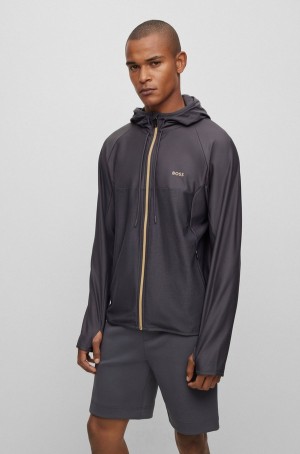 Sudadera con Capucha Hugo Boss Active-stretch Zip-up With Decorative Reflective Pattern Hombre Grises Oscuro | 01583-ATDY