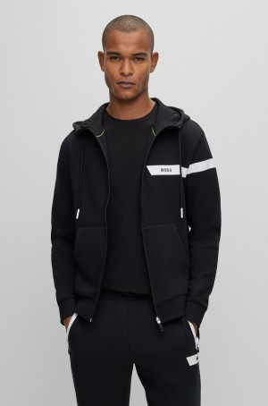 Sudadera con Capucha Hugo Boss Algodon-blend Zip-up With Logo Stripe Hombre Negros | 70623-EPKR