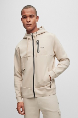 Sudadera con Capucha Hugo Boss Algodon-blend Zip-up With Advanced Stretch Hombre Beige Claro | 13978-RQJS