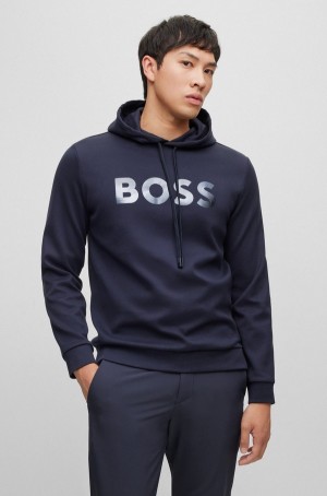 Sudadera con Capucha Hugo Boss Algodon-piqué With Mirror-effect Logo Hombre Azules Oscuro | 26473-YKUM