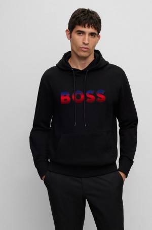 Sudadera con Capucha Hugo Boss Algodon-terry Regular-fit With Degradé Logo Hombre Negros | 80647-KFQR