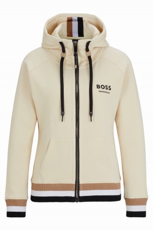Sudadera con Capucha Hugo Boss Equestrian Algodon Zip-up With Signature Stripes Mujer Beige | 38012-HVQL