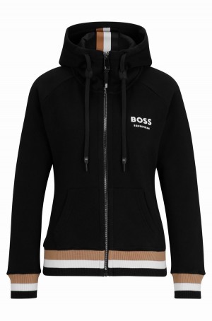 Sudadera con Capucha Hugo Boss Equestrian Algodon Zip-up With Signature Stripes Mujer Negros | 80245-ESKF