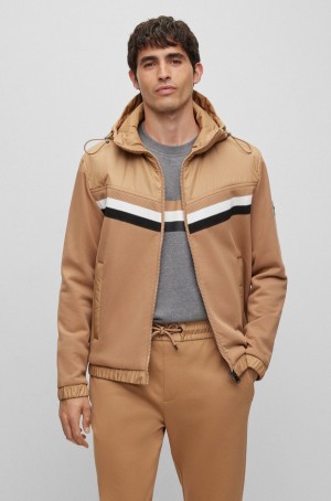 Sudadera con Capucha Hugo Boss Mixed-material Zip-up With Signature Stripes Hombre Beige | 34179-PVHY