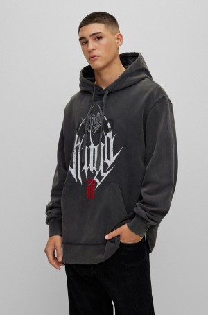 Sudadera con Capucha Hugo Boss Oversized-fit French-terry With Band-inspired Artwork Hombre Grises Oscuro | 62083-UVAL