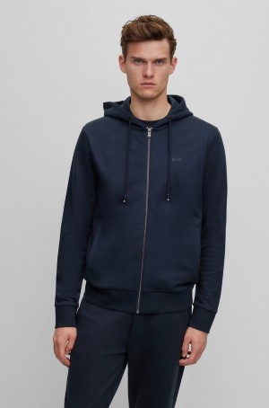 Sudadera con Capucha Hugo Boss Zip-up In French Terry With Printed Logo Hombre Azules Oscuro | 13570-BMIC