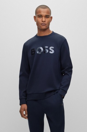 Sudaderas Hugo Boss Algodon-piqué With Mirror-effect Logo Hombre Azules Oscuro | 34096-BDUF