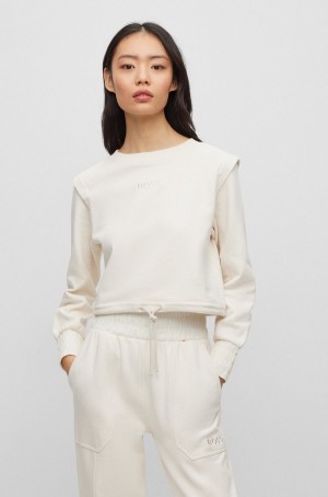 Sudaderas Hugo Boss Cropped In Algodon With Drawstring And Embroidered Logo Mujer Blancos | 60472-VEMN