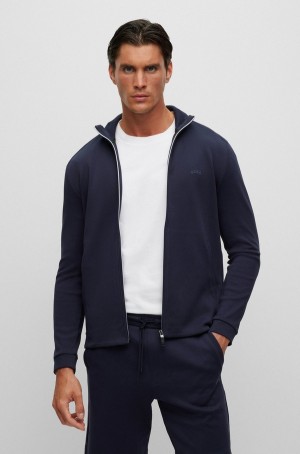 Sudaderas Hugo Boss Interlock-cotton Zip-up With Piqué Panel Hombre Azules Oscuro | 02649-XRUW
