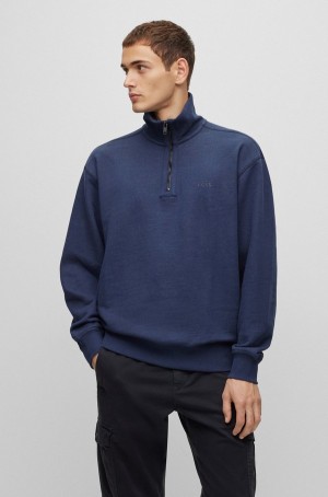 Sudaderas Hugo Boss Zip-neck In Melange Slub Algodon With Logo Hombre Azules Oscuro | 34086-FYMS