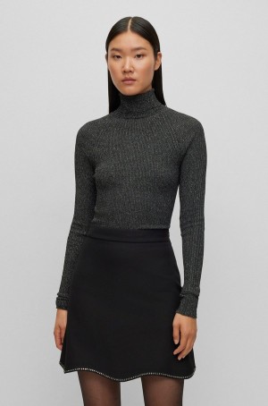 Suéteres Hugo Boss Acanalado In Metallised Fabric With Mock Neckline Mujer Negros | 35482-QEPT