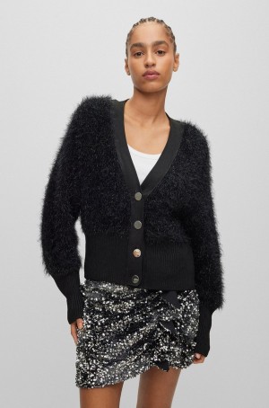 Suéteres Hugo Boss Algodon-blend V-neck Cardigan With Sparkly Buttons Mujer Negros | 34678-RUCI