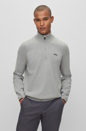 Suéteres Hugo Boss Algodon-blend Zip-neck With Logo Print Hombre Grises | 49268-BWYA