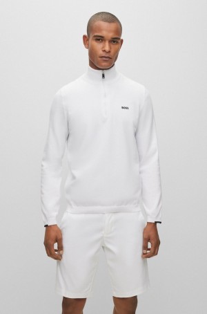 Suéteres Hugo Boss Algodon-blend Zip-neck With Logo Print Hombre Blancos | 64520-JQVO