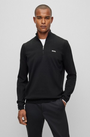 Suéteres Hugo Boss Algodon-blend Zip-neck With Logo Print Hombre Negros | 49862-OHUP