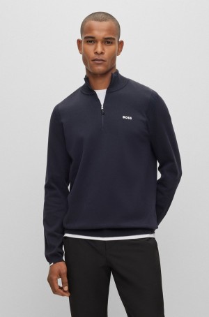 Suéteres Hugo Boss Algodon-blend Zip-neck With Logo Print Hombre Azules Oscuro | 59206-RDJW
