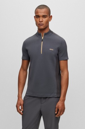 Suéteres Hugo Boss Algodon-blend Zip-neck With A Rayas Sleeves Hombre Grises Oscuro | 40139-XYAG