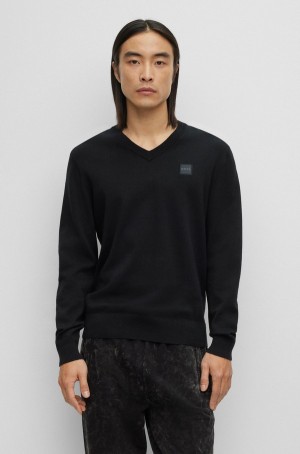 Suéteres Hugo Boss Algodon-cashmere Regular-fit With Logo Patch Hombre Negros | 69180-UIJS