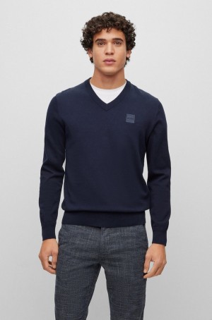 Suéteres Hugo Boss Algodon-cashmere Regular-fit With Logo Patch Hombre Azules Oscuro | 42378-XGJM