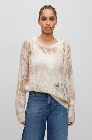 Suéteres Hugo Boss Anchos-neck Printed With Open Cable Knit Mujer Beige Claro | 64392-VSFM